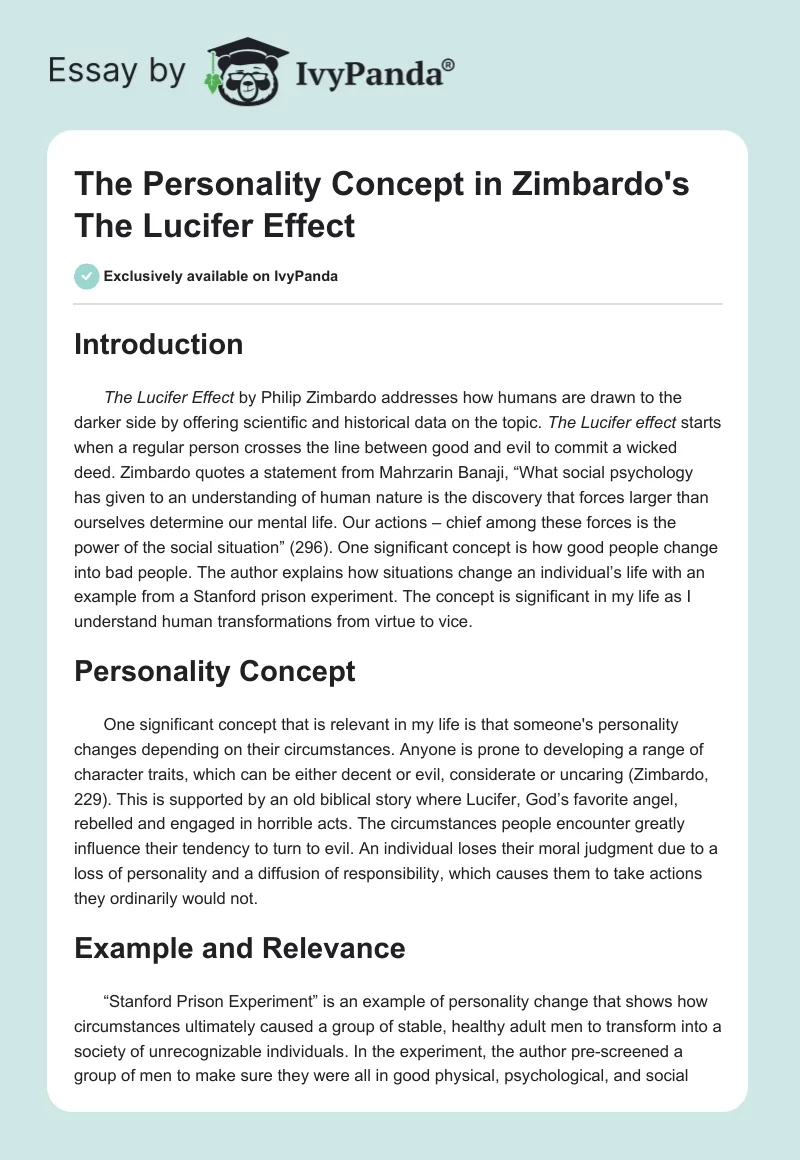 The Personality Concept in Zimbardo's The Lucifer Effect. Page 1