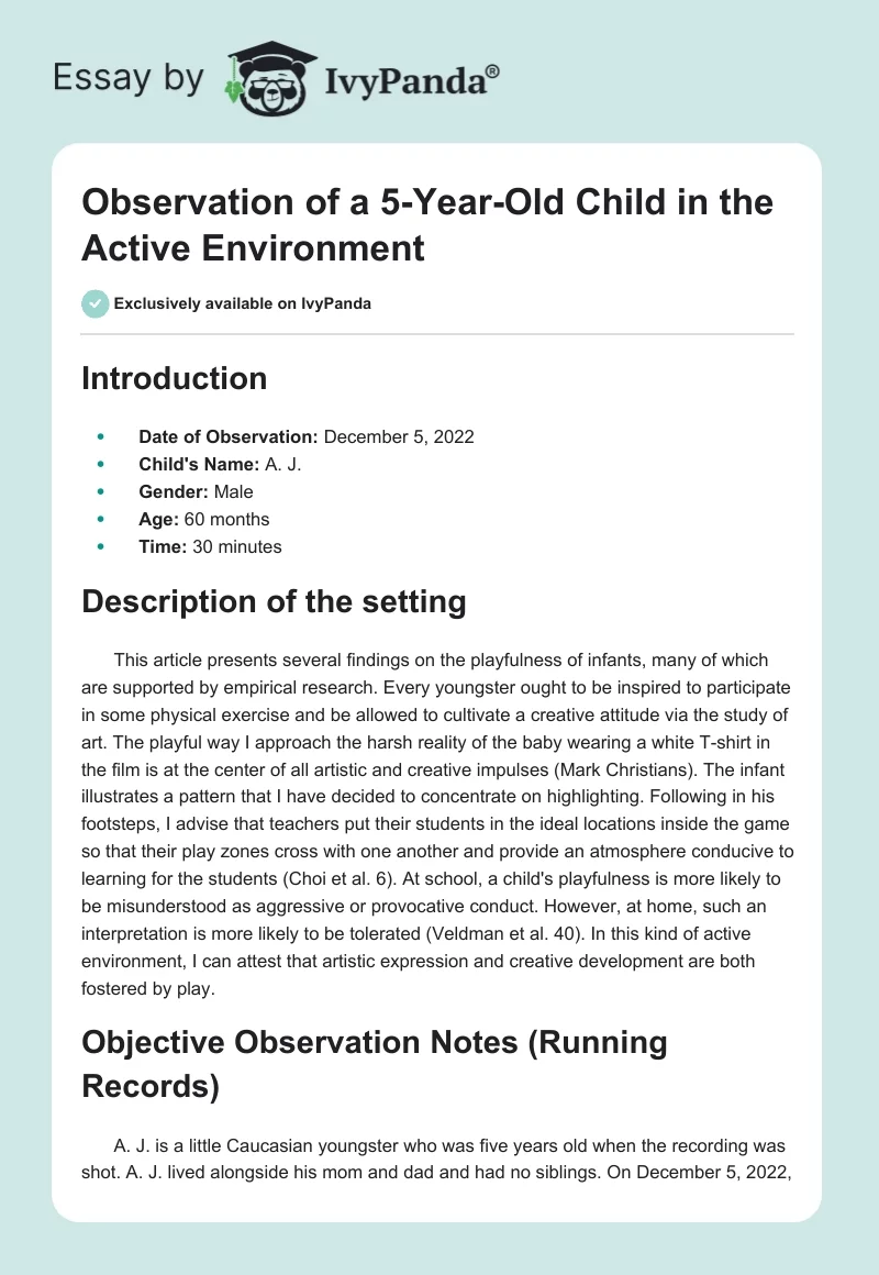 Observation of a 5-Year-Old Child in the Active Environment. Page 1