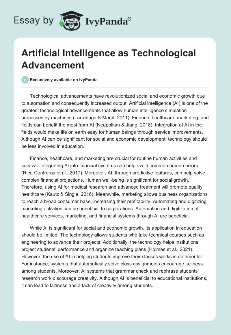 Artificial Intelligence as Technological Advancement. Page 1