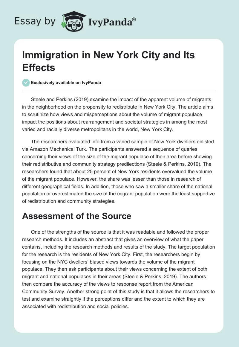 Immigration in New York City and Its Effects. Page 1
