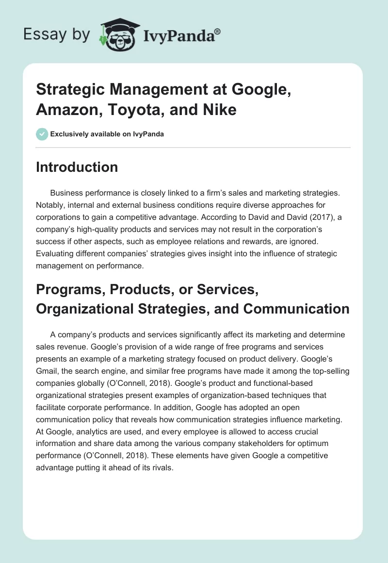 Strategic Management at Google, Amazon, Toyota, and Nike. Page 1