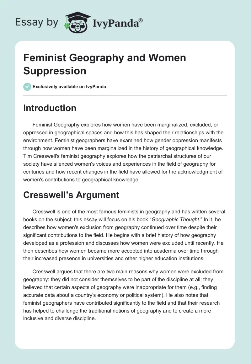 Feminist Geography and Women Suppression. Page 1