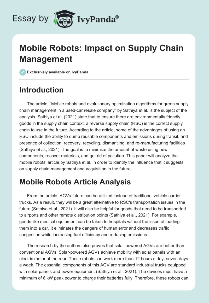 Mobile Robots: Impact on Supply Chain Management. Page 1