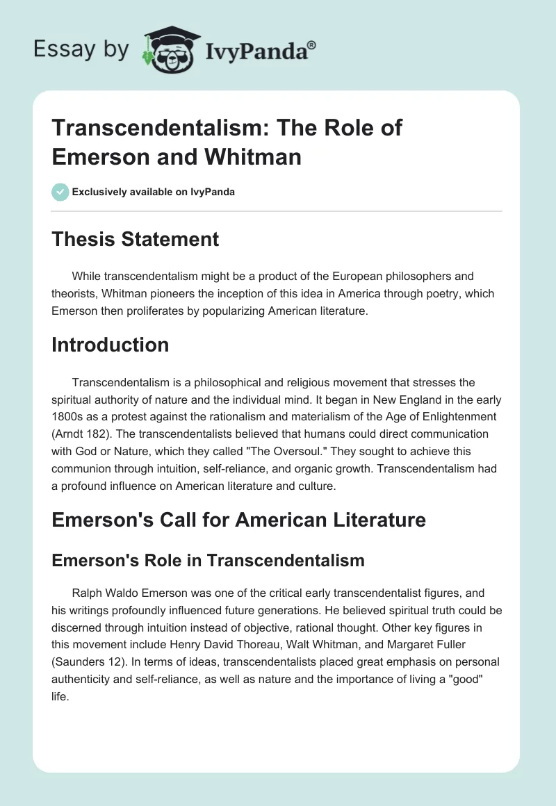 Transcendentalism: The Role of Emerson and Whitman. Page 1