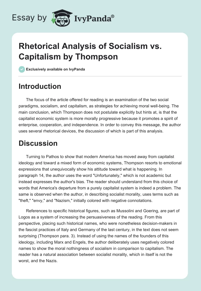 Rhetorical Analysis of Socialism vs. Capitalism by Thompson. Page 1