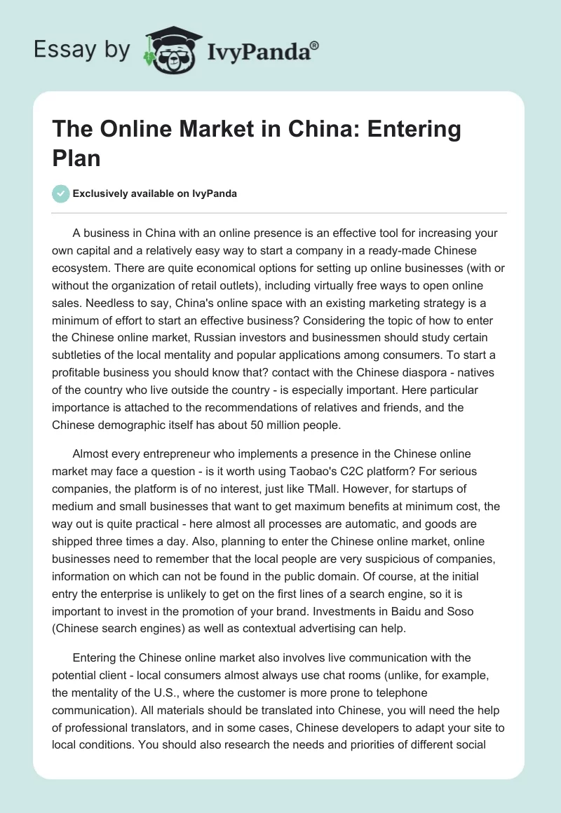 The Online Market in China: Entering Plan. Page 1
