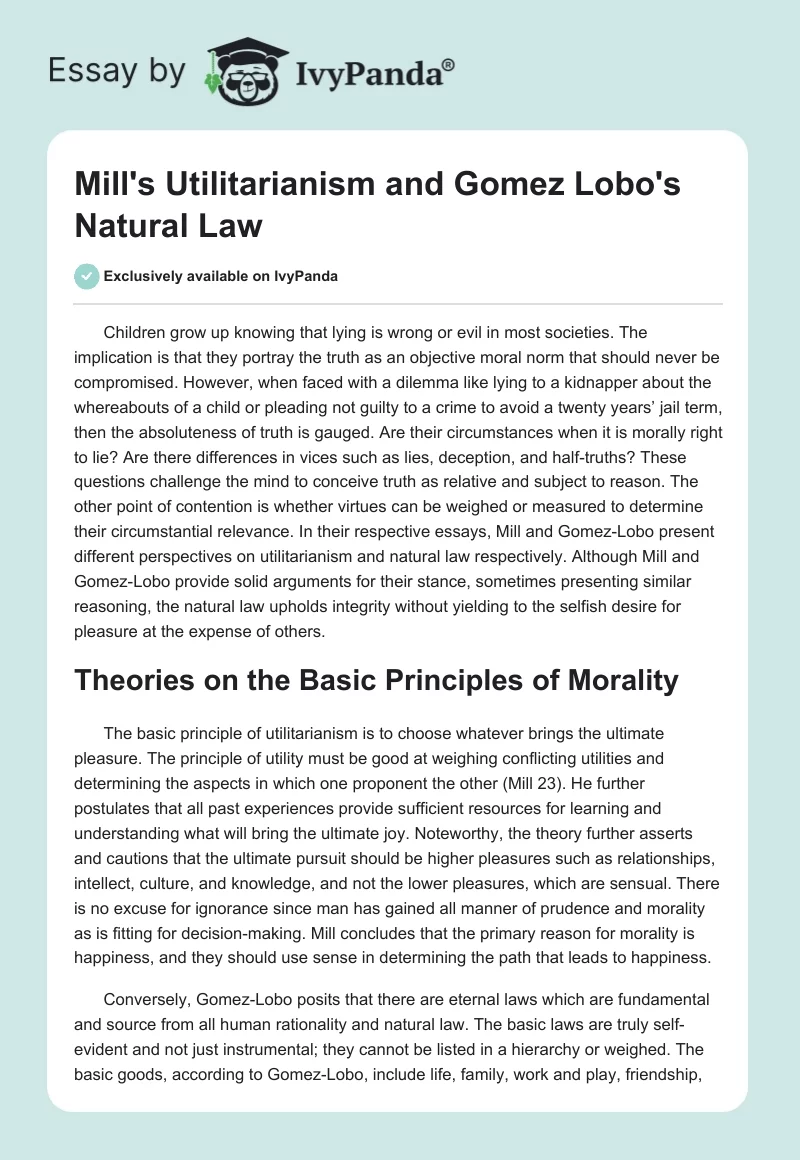 Mill's Utilitarianism and Gomez Lobo's Natural Law. Page 1