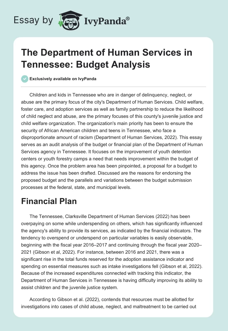 The Department of Human Services in Tennessee: Budget Analysis. Page 1