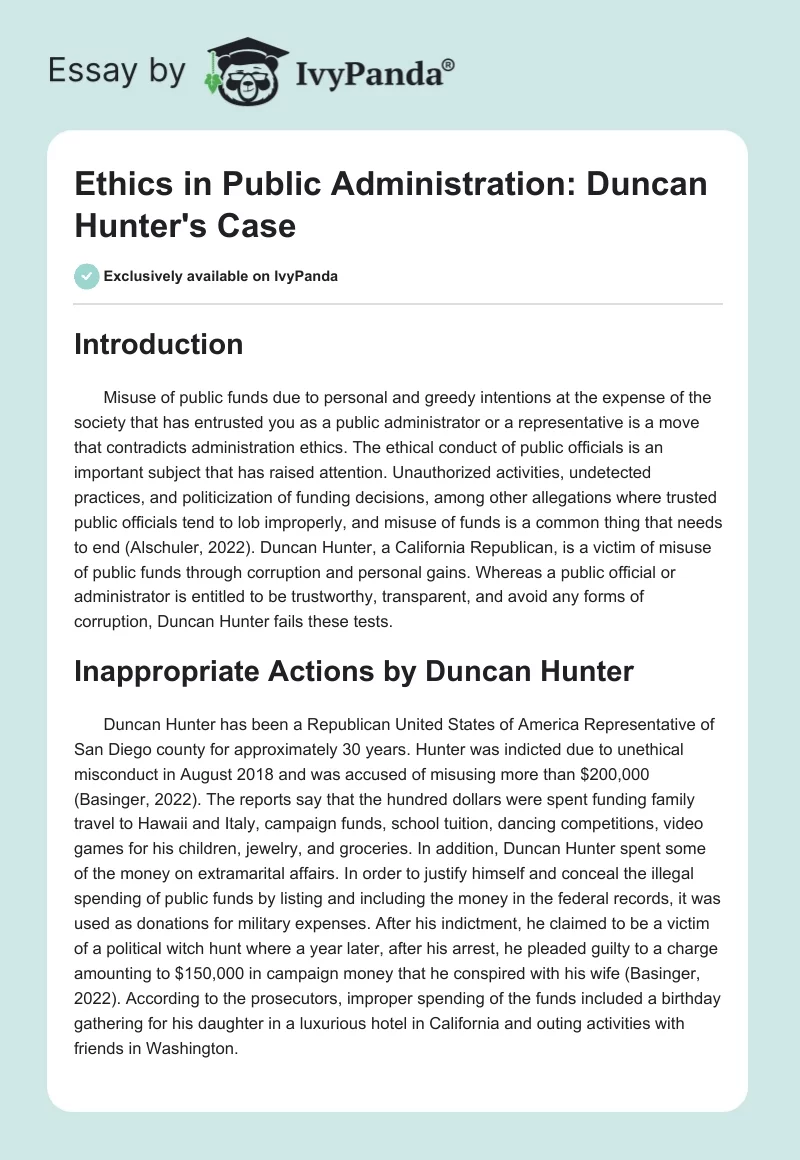 Ethics in Public Administration: Duncan Hunter's Case. Page 1