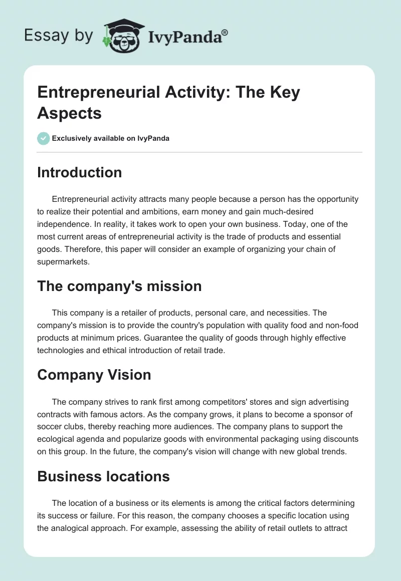 Entrepreneurial Activity: The Key Aspects. Page 1