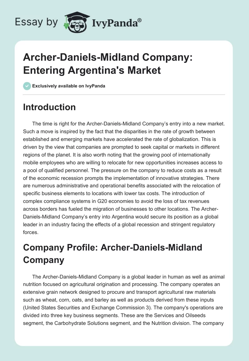 Archer-Daniels-Midland Company: Entering Argentina's Market. Page 1