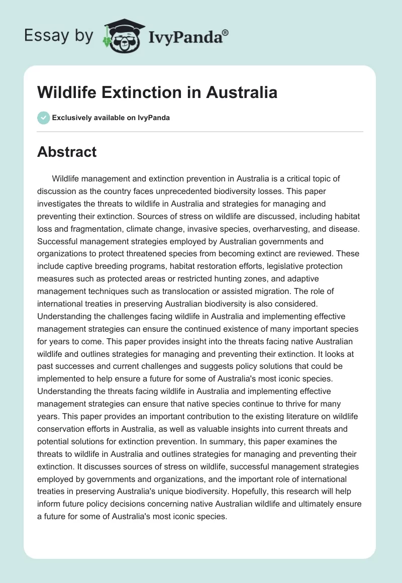 Wildlife Management and Extinction Prevention in Australia. Page 1