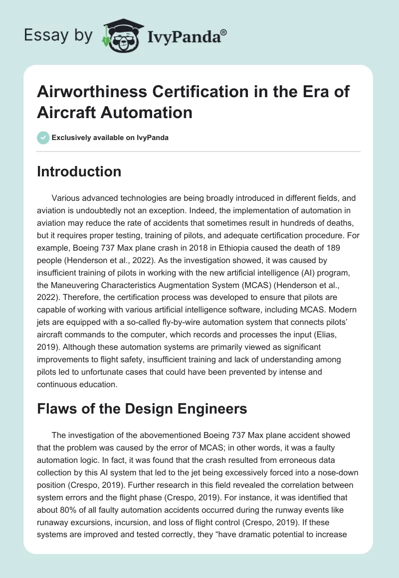 Airworthiness Certification in the Era of Aircraft Automation. Page 1