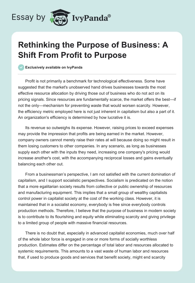 Rethinking the Purpose of Business: A Shift From Profit to Purpose. Page 1