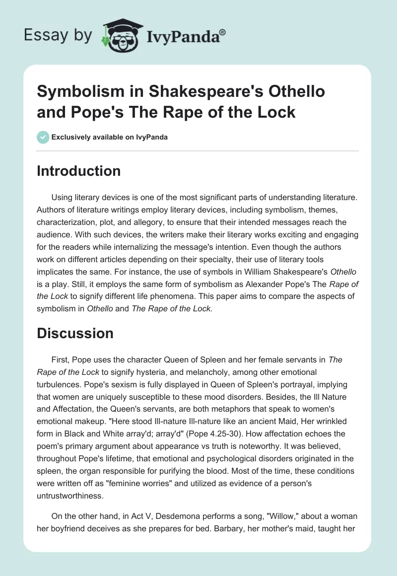 Symbolism in Shakespeare's Othello and Pope's The Rape of the Lock. Page 1