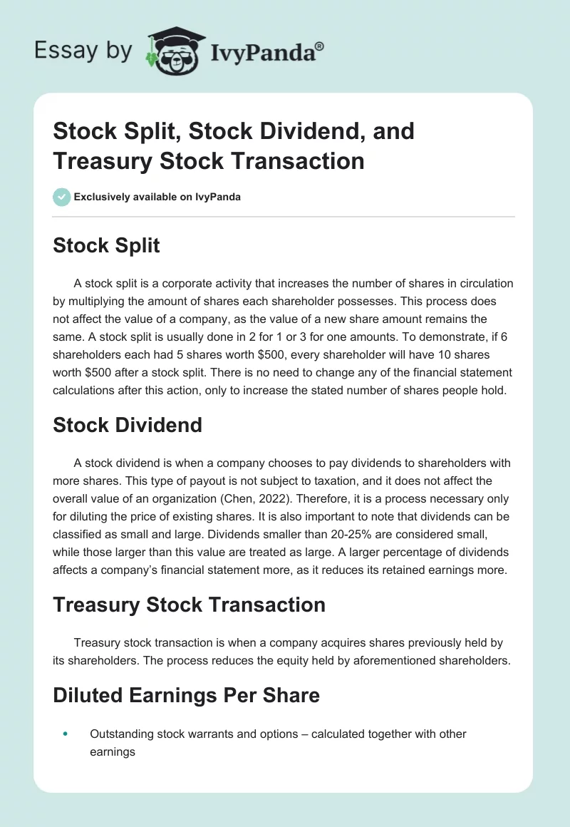 Stock Split, Stock Dividend, and Treasury Stock Transaction. Page 1