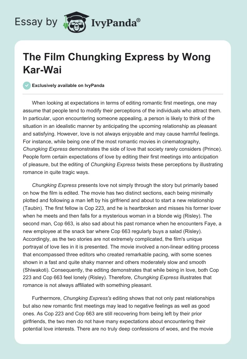 The Film "Chungking Express" by Wong Kar-Wai. Page 1