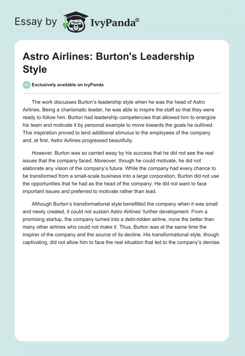 Astro Airlines: Burton's Leadership Style. Page 1