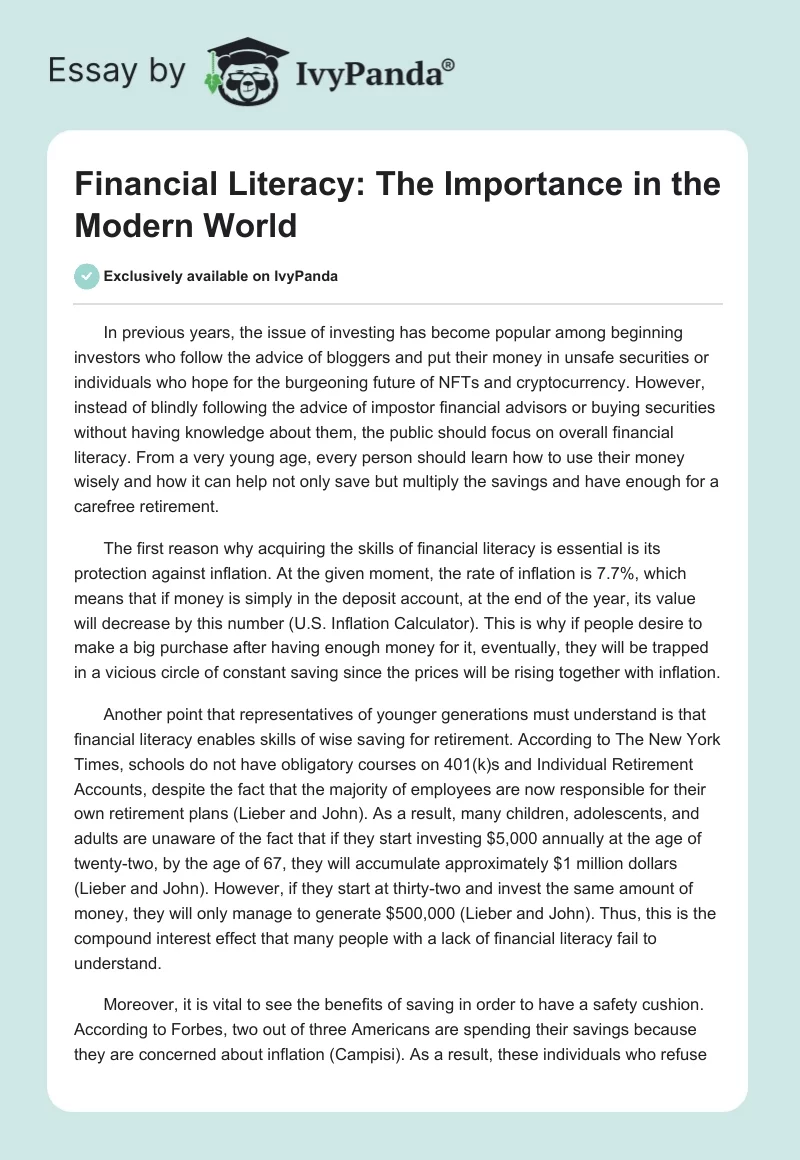 Financial Literacy: The Importance in the Modern World. Page 1