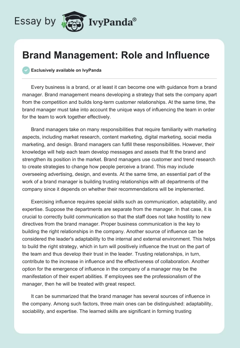 Brand Management: Role and Influence. Page 1
