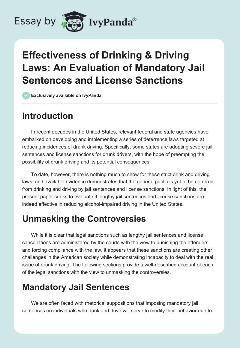 Effectiveness of Drinking & Driving Laws: An Evaluation of Mandatory Jail Sentences and License Sanctions. Page 1