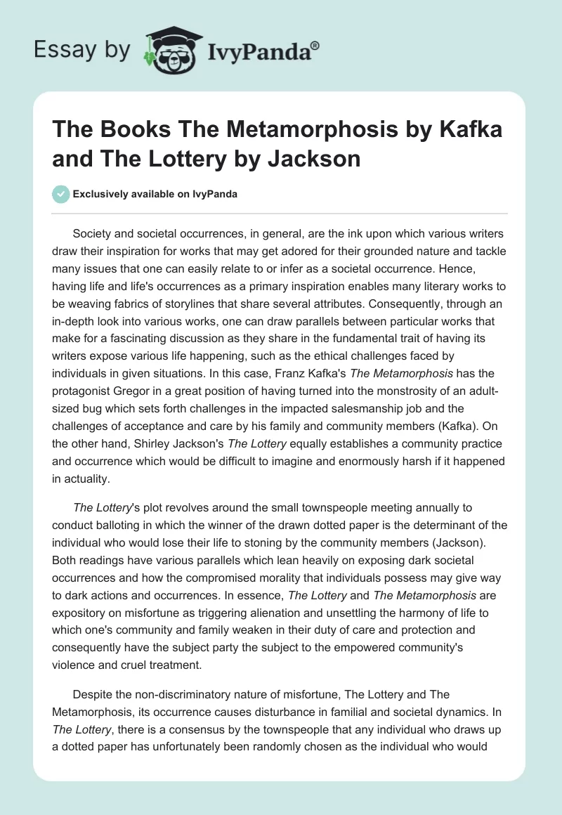 The Books "The Metamorphosis" by Kafka and "The Lottery" by Jackson. Page 1
