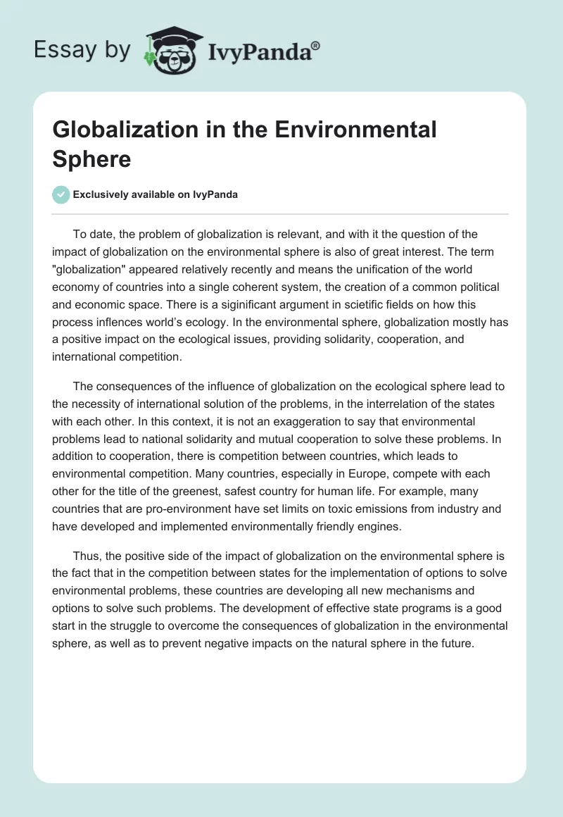 Globalization in the Environmental Sphere - 284 Words | Essay Example
