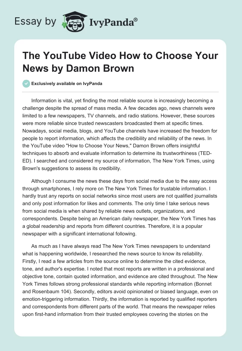 The YouTube Video "How to Choose Your News" by Damon Brown. Page 1