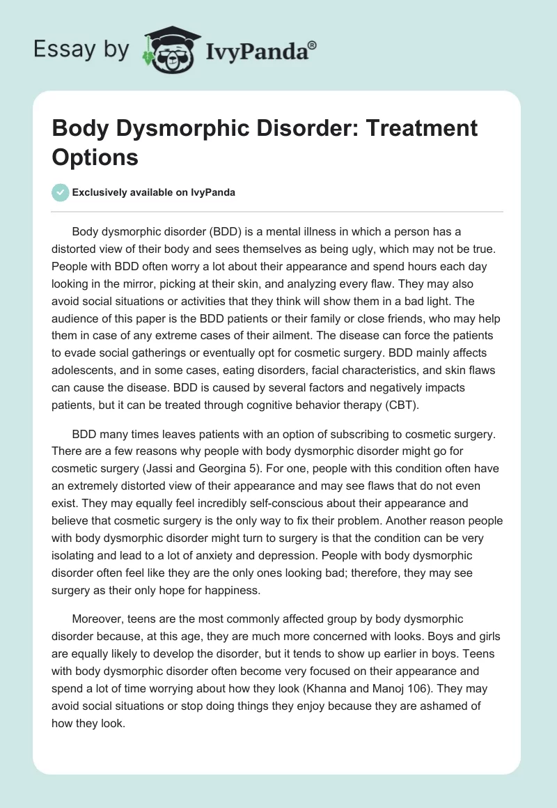 Body Dysmorphic Disorder: Treatment Options. Page 1