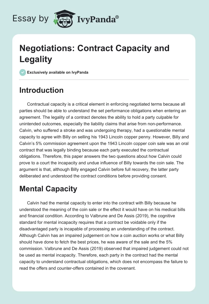 Contractual Capacity and Legality: Case Analysis. Page 1