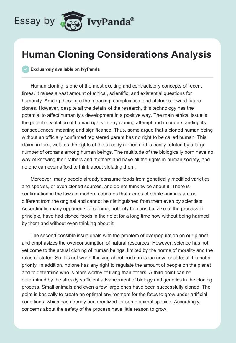Human Cloning Considerations Analysis. Page 1