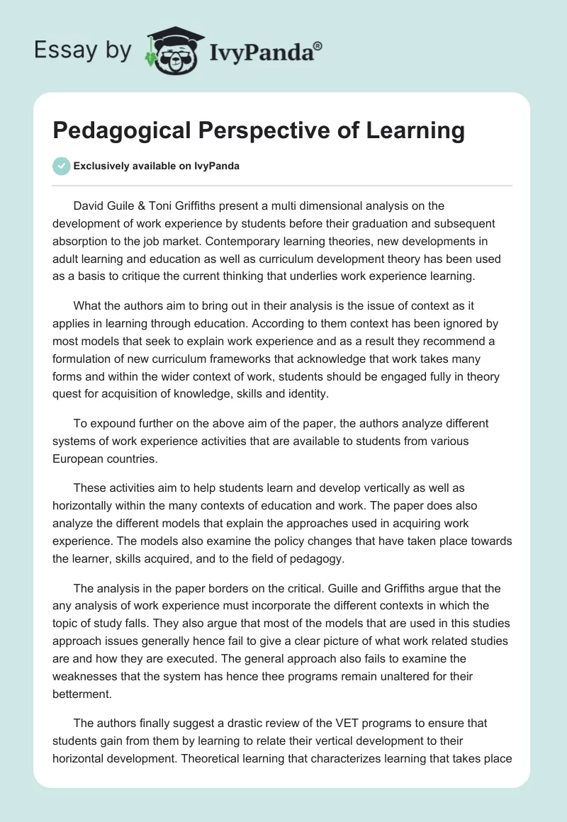 Pedagogical Perspective of Learning. Page 1