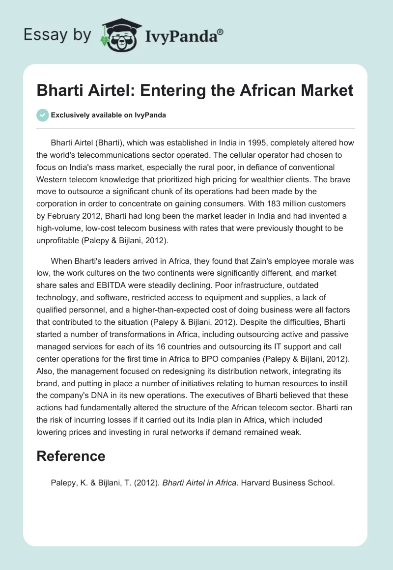 Bharti Airtel: Entering the African Market. Page 1