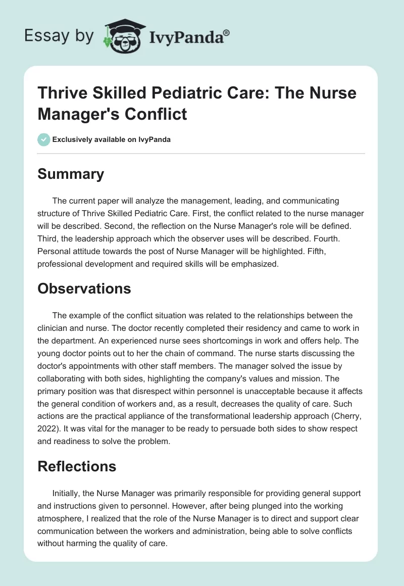 Thrive Skilled Pediatric Care: The Nurse Manager's Conflict. Page 1