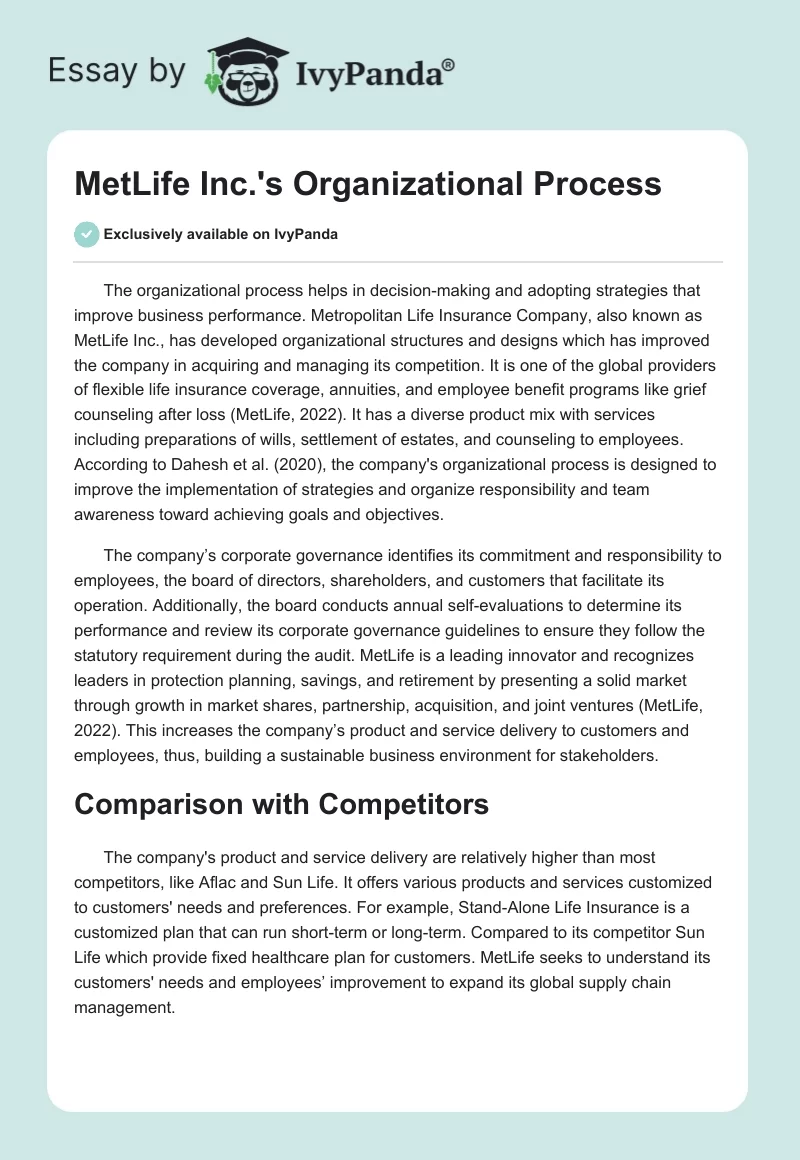 MetLife Inc.'s Organizational Process. Page 1