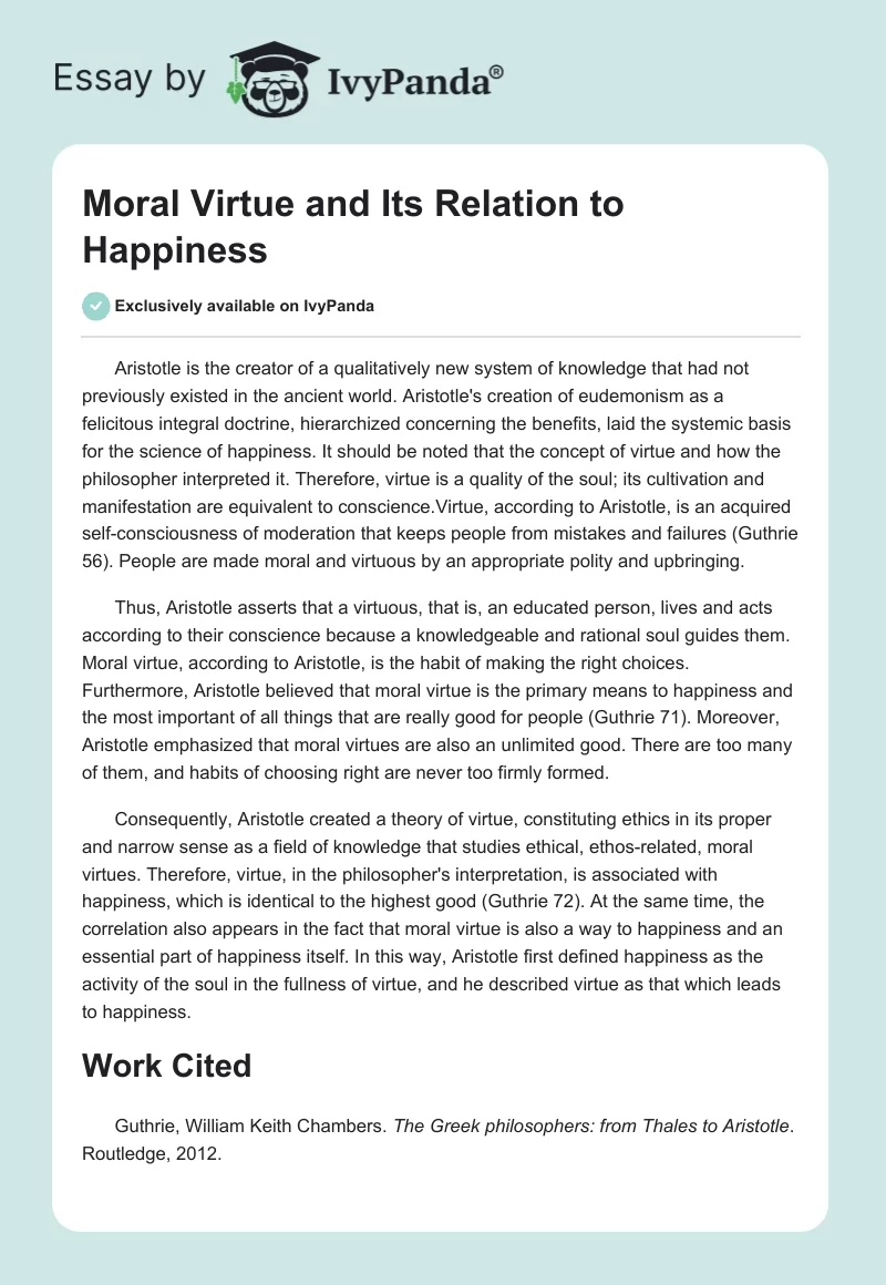 Moral Virtue and Its Relation to Happiness. Page 1