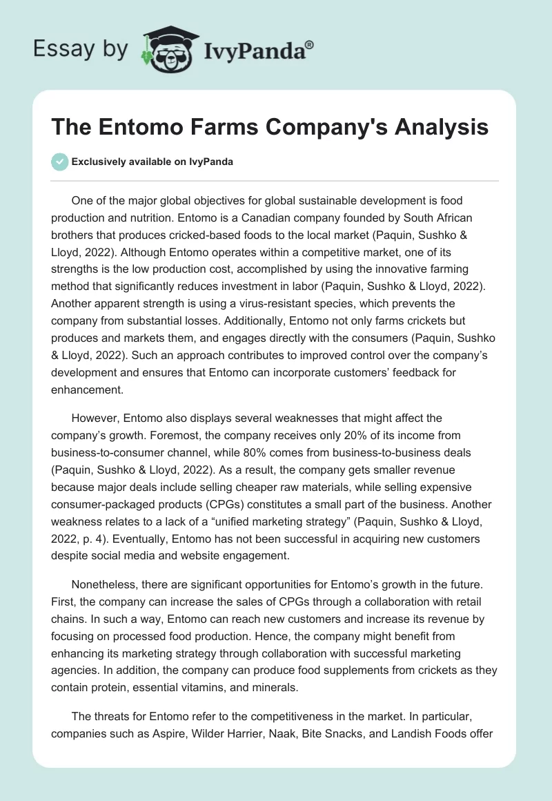 The Entomo Farms Company's Analysis. Page 1