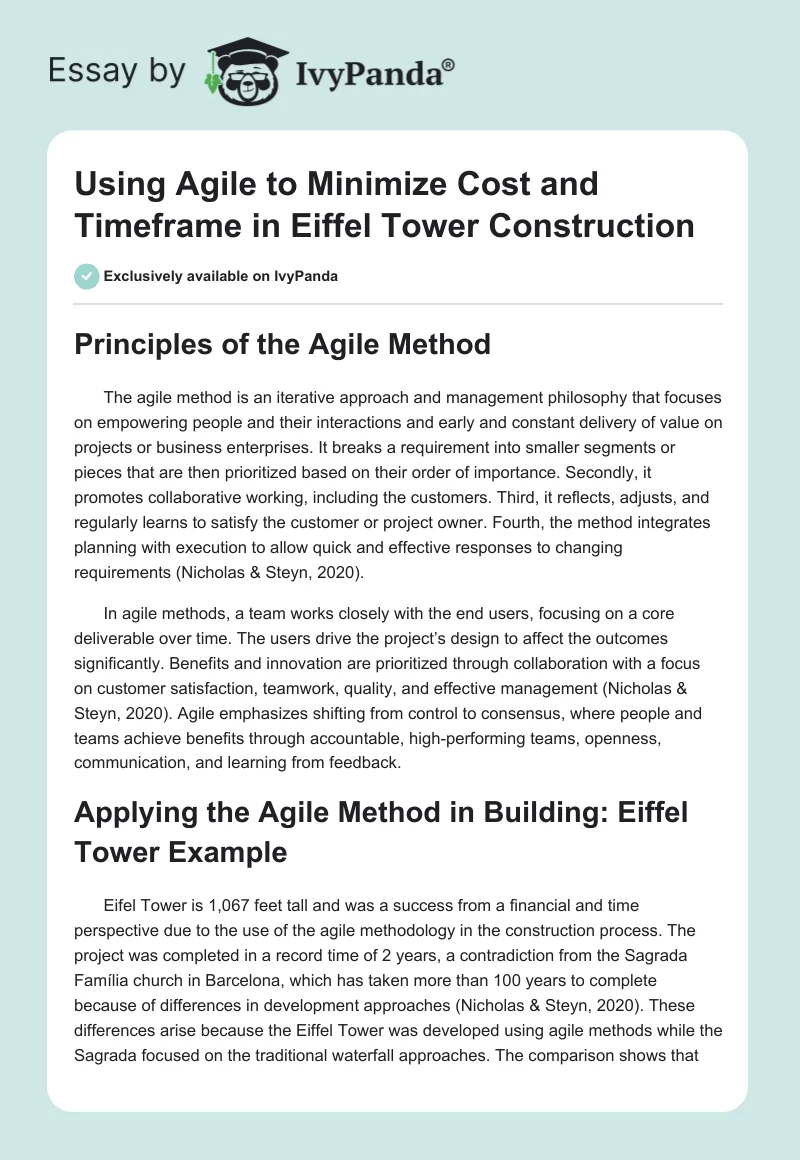 Using Agile to Minimize Cost and Timeframe in Eiffel Tower Construction. Page 1