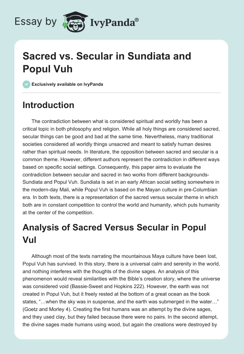 Sacred vs. Secular in Sundiata and Popul Vuh. Page 1