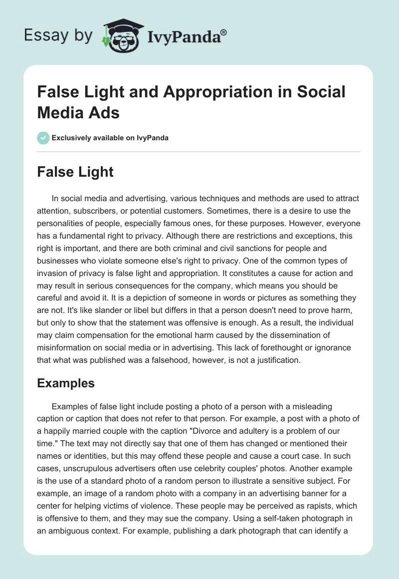 False Light and Appropriation in Social Media Ads. Page 1