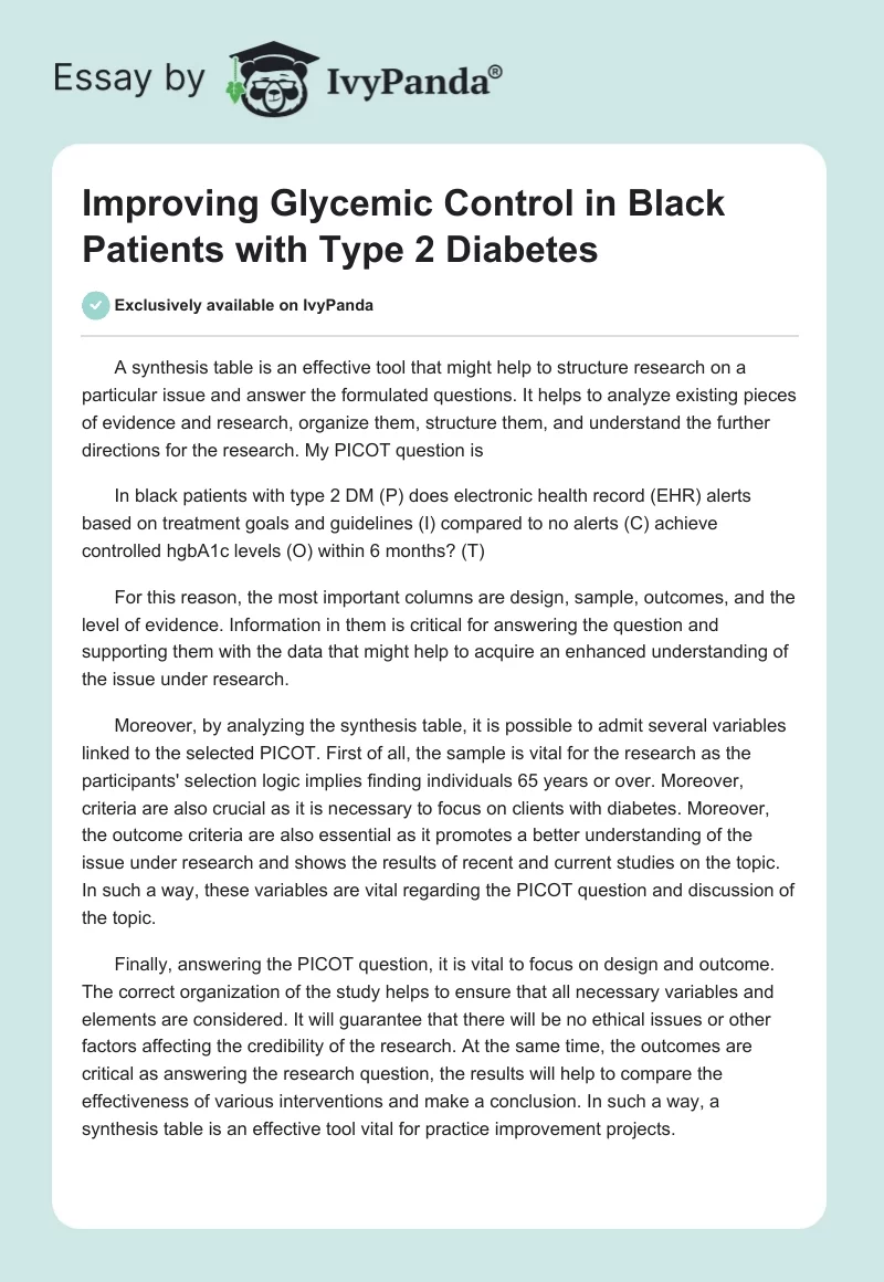 Improving Glycemic Control in Black Patients with Type 2 Diabetes. Page 1
