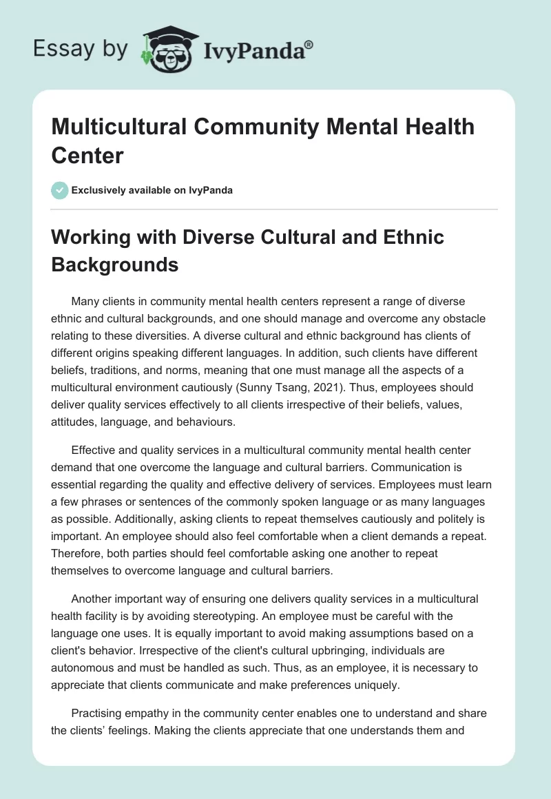 Multicultural Community Mental Health Center. Page 1