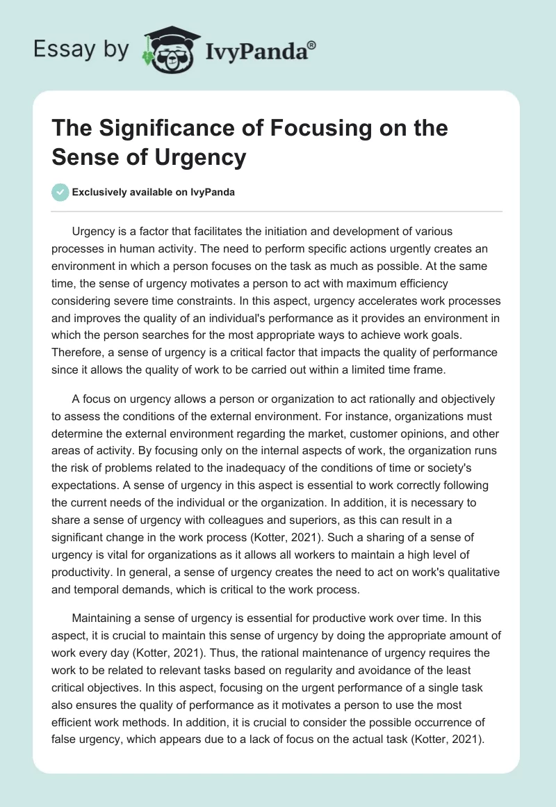 The Significance of Focusing on the "Sense of Urgency". Page 1