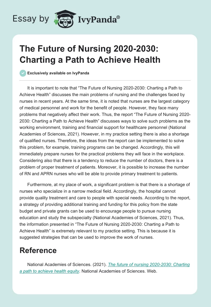 The Future of Nursing 2020-2030: Charting a Path to Achieve Health. Page 1