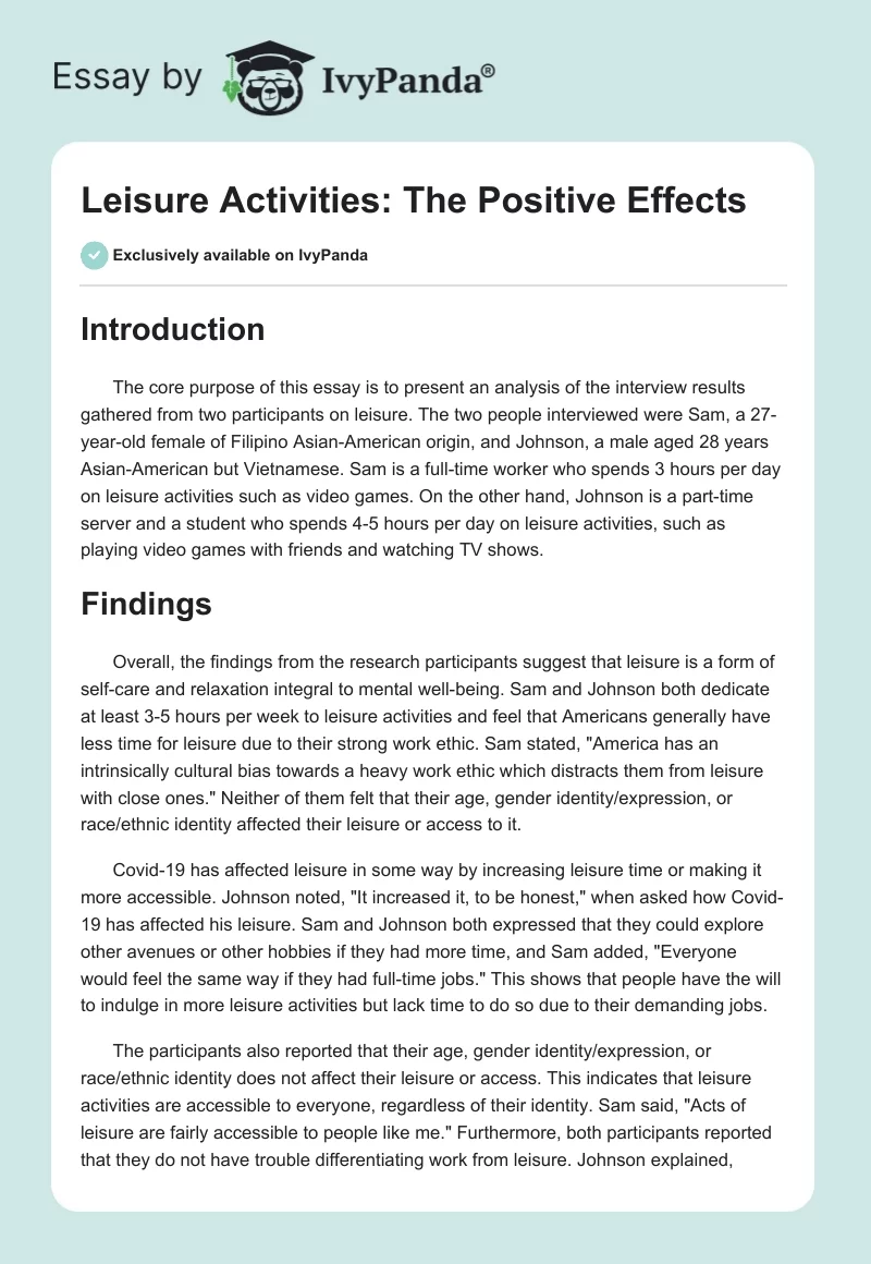 Leisure Activities: The Positive Effects. Page 1