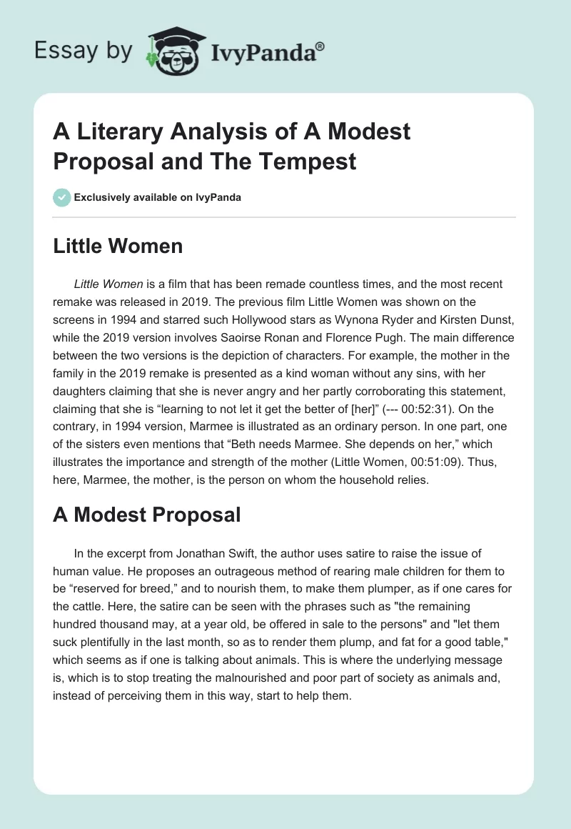 A Literary Analysis of "A Modest Proposal" and "The Tempest". Page 1