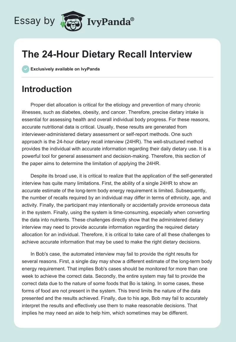 The 24-Hour Dietary Recall Interview. Page 1