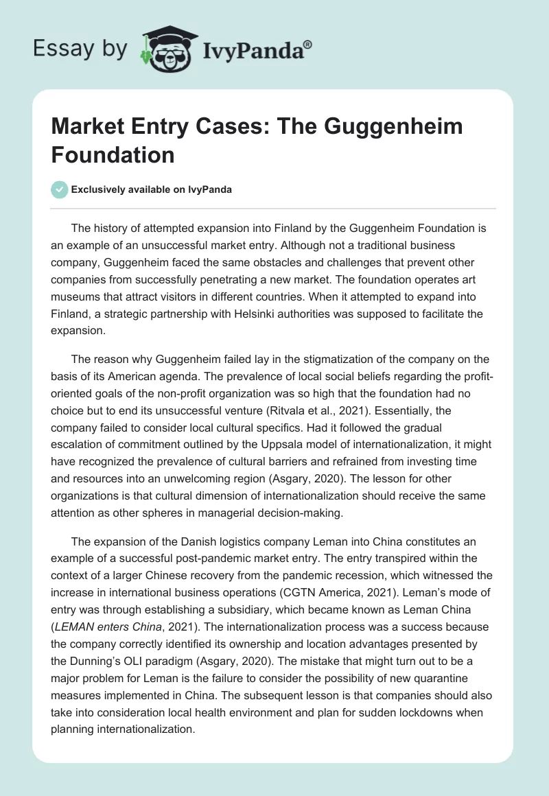 Market Entry Cases: The Guggenheim Foundation. Page 1