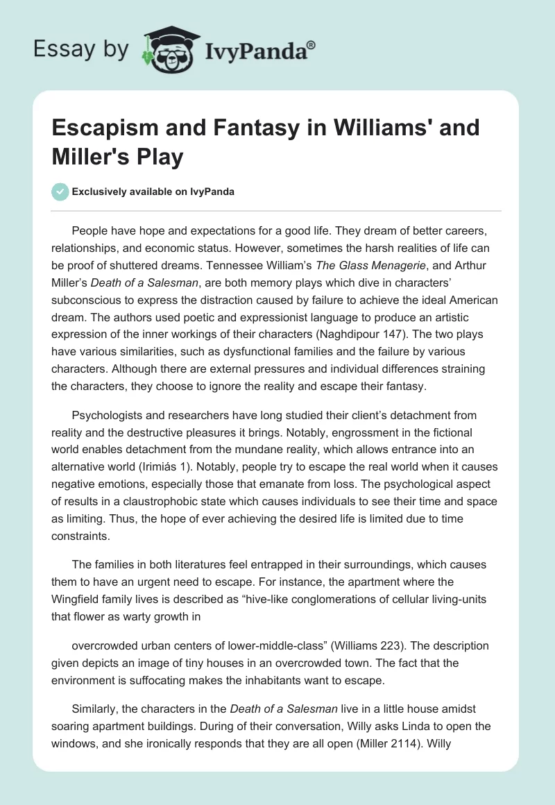 Escapism and Fantasy in Williams' and Miller's Play. Page 1