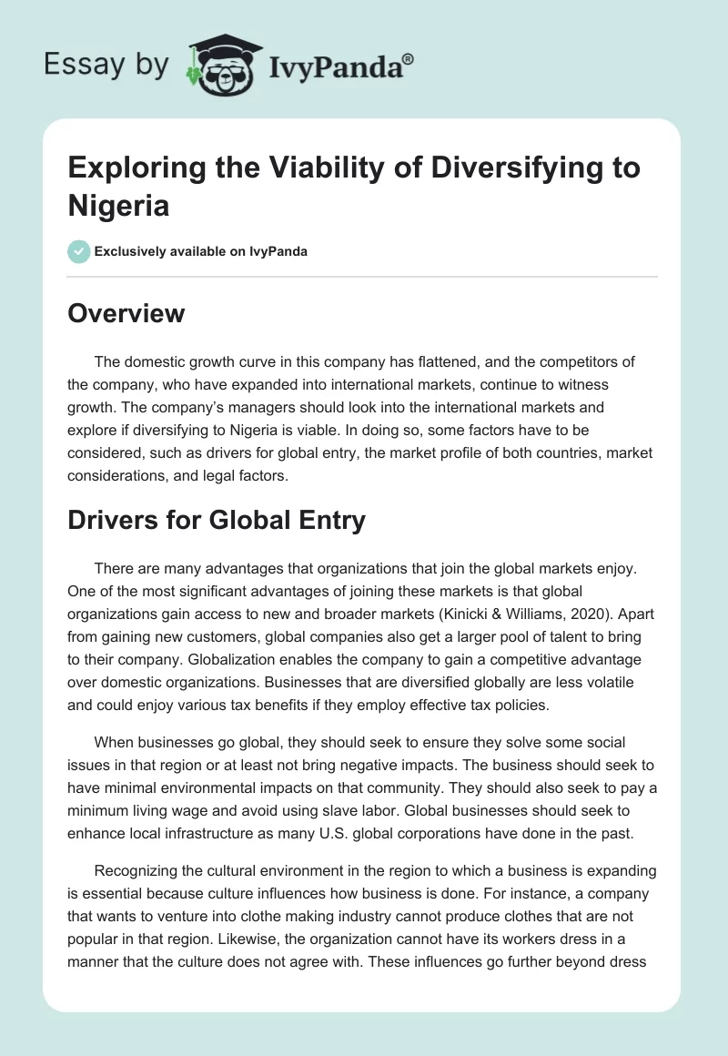 Exploring the Viability of Diversifying to Nigeria. Page 1